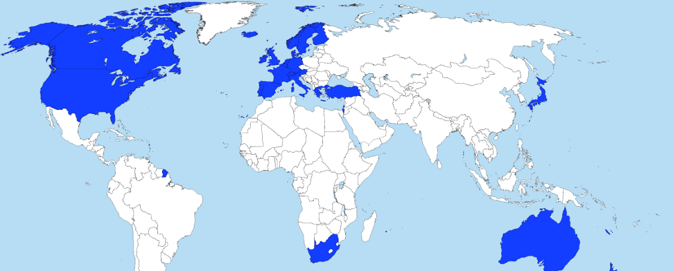 Die CIA hat die Türkei in „The World Factbook”, welche die entwickelten Industrienationen umfasst, aufgenommen. Die Karte zeigt die Länder des „The World Factbook”.