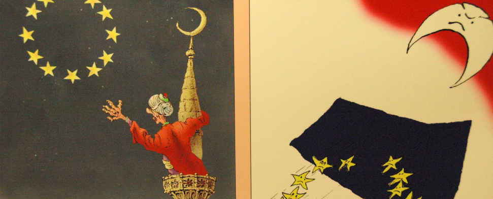 Eine Karikatur zeigt, wie ein Muezzin vergeblich nach den (EU-)Sternen greift.