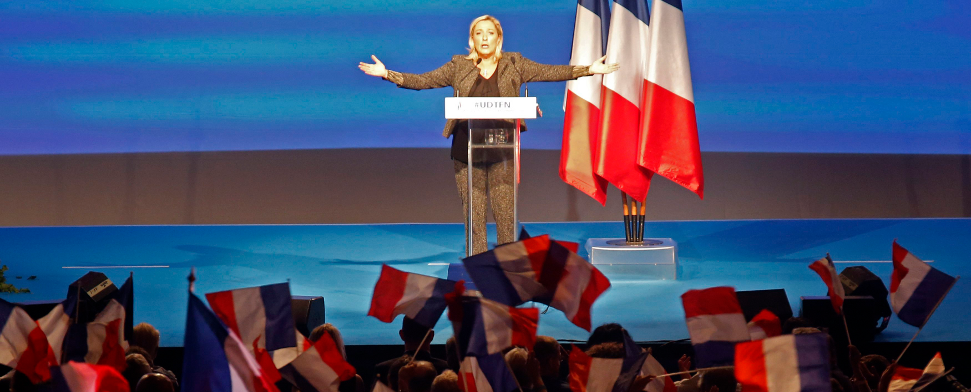 Marine Le Pen, Vorsitzende der rechtsextremen französischen Partei Front National während einer Rede auf einem Parteikongress in Marseille am 15.09.2013.