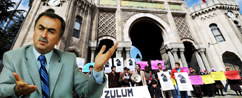 Im Vordergrund Resat Petek, im Hintergrund protestieren Studenten gegen das Kopftuchverbot an den Universitäten vor der Universität Istanbul.