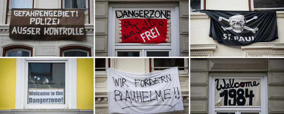 Eine Bildkombo zeigt am 09.01.2014 im Stadtteil St.Pauli in Hamburg verschiedene Protestplakate. Die Gefahrengebiete in Hamburg sind ab sofort aufgehoben teilte die Polizei am 13.01.2014 mit.