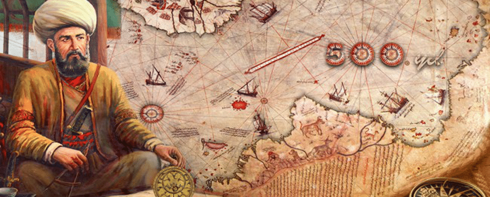 Eine Abbildung von Piri Reis und seiner berühmten Weltkarte.