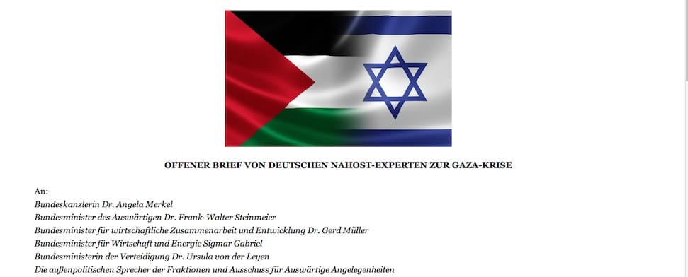 90 deutsche Nahost-Experten fordern in einem offenen Brief die Bundesregierung zu einem Kurswechsel in ihrer Nahost-Politik auf. Sie pochen auf ein Ende der Gaza-Blockade, der israelischen Siedlungspolitik und eine Untersuchung der Tötung von Zivilisten in Gaza.