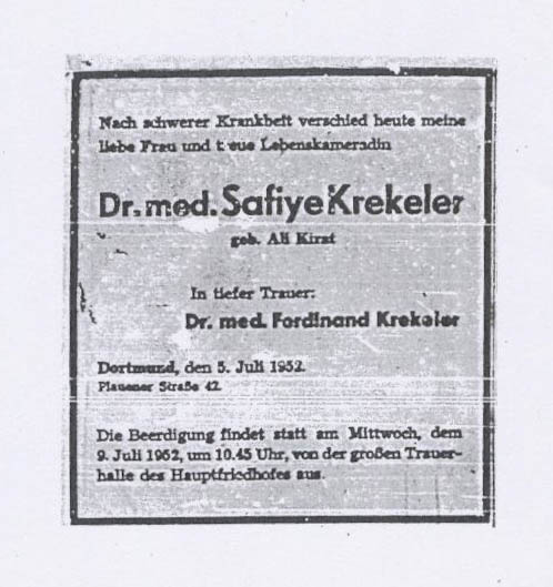 Todesanzeige Krekeler Safiye 1952-07-05