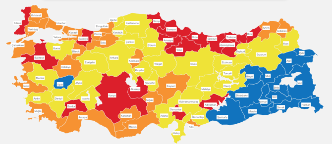 Die aktuelle Risiko-Landkarte der Türkei nach den Kriterien des türkischen Gesundheitsministeriums. 